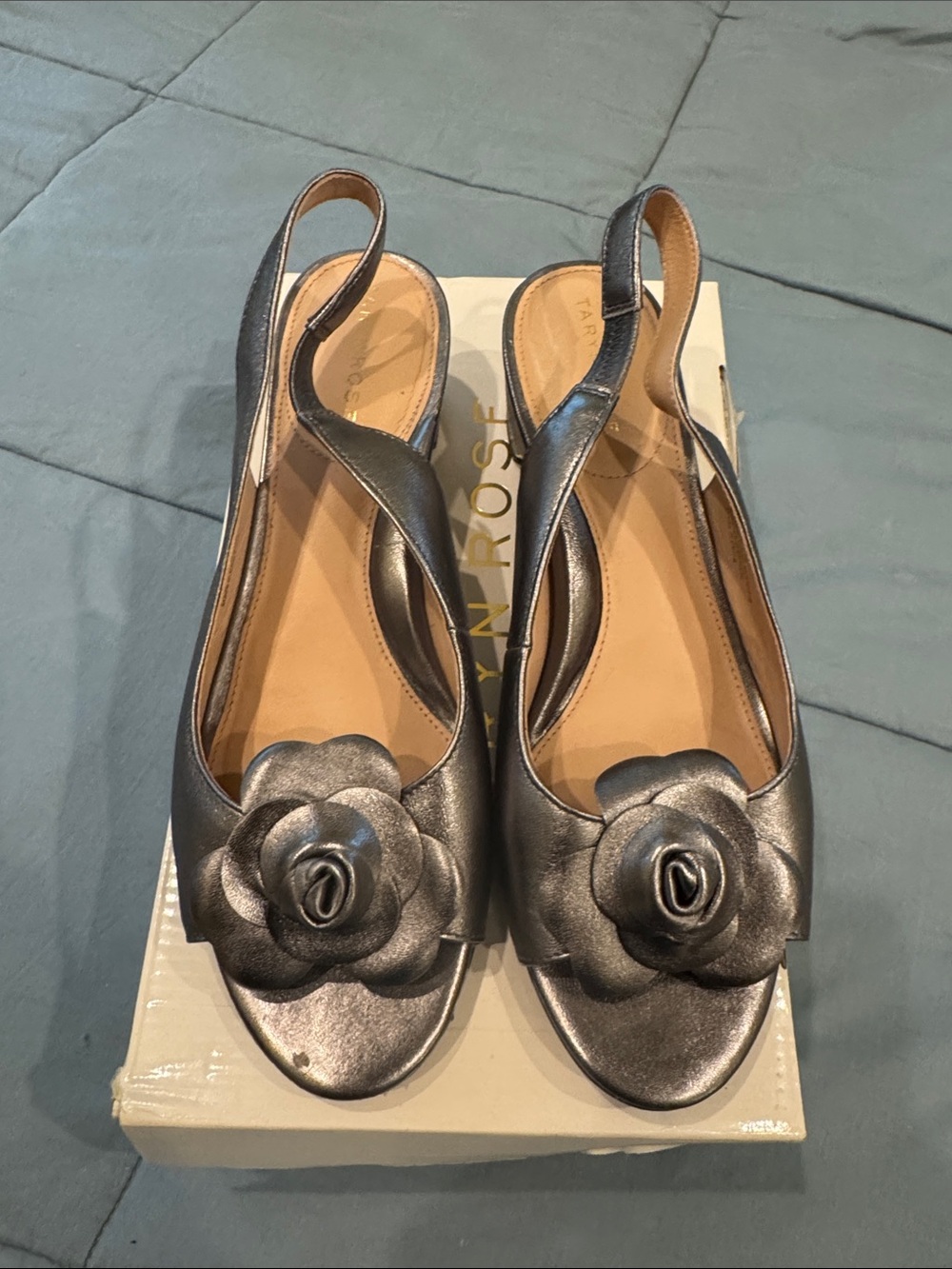 Taryn Rose Neva Metallic Gunmetal Slingback open toe sandals with Flower Accent
